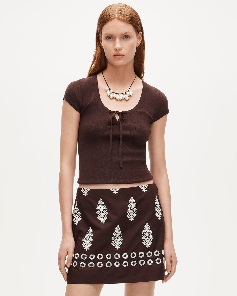 NWT Madewell Fairfax Mini Skirt Bead Cocoa Block Print Pearl Embroidered Brown 4